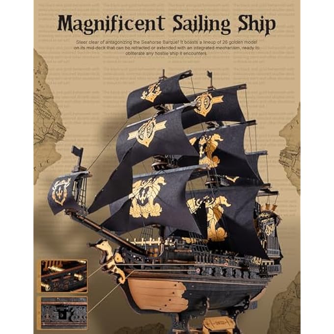 SEAHORSE 3D WOODEN PUZZLES FOR ADULTS, BLACK SAILBOAT MODEL KITS FOR BOYS AND MEN, HOME OFFICE DECOR GIFTS PIRATE SHIP BUILDING (603 PCS) - Image 3